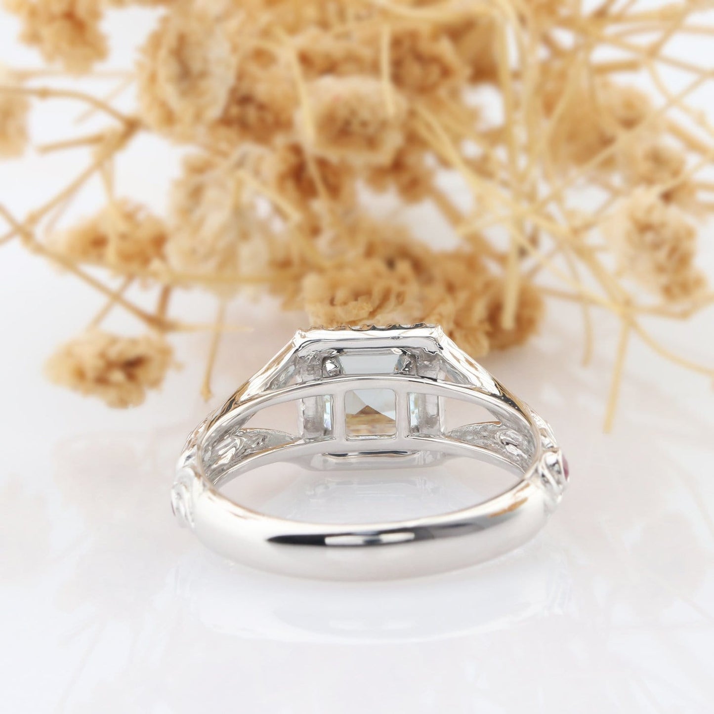 Princess Cut 5.5mm Natural Aquamarine Engagement Ring, Ruby Accents Split Shank Ring