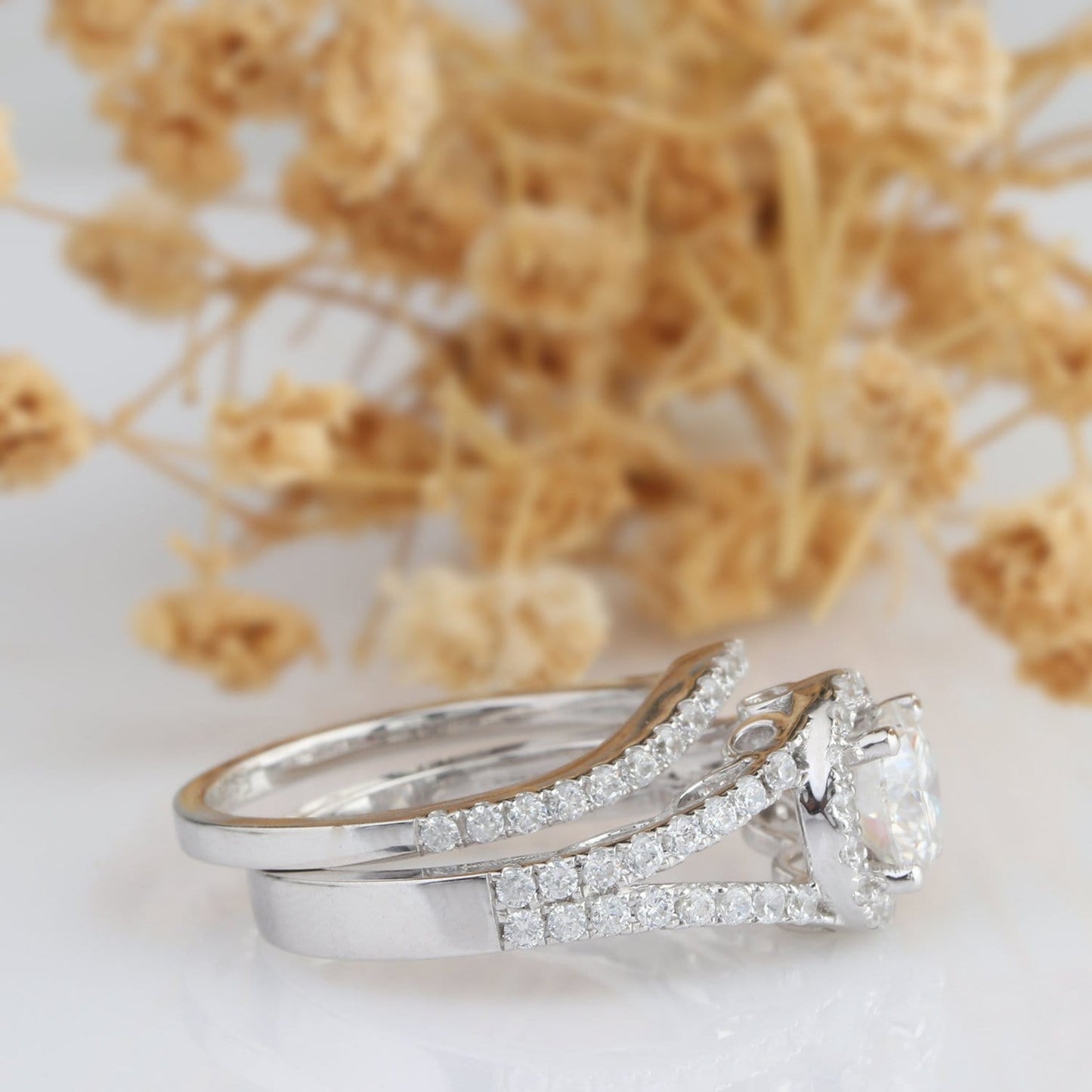 Round Cut 1CT Moissanite Ring, Halo Vintage Pave Set Wedding, Bridal Set