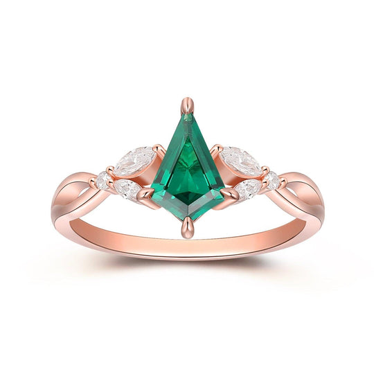 Kite Cut 1.35CT Green Emerald Engagement Ring, Cross Band Bridal Ring, 14K Rose Gold Statement Ring For Her - Esdomera