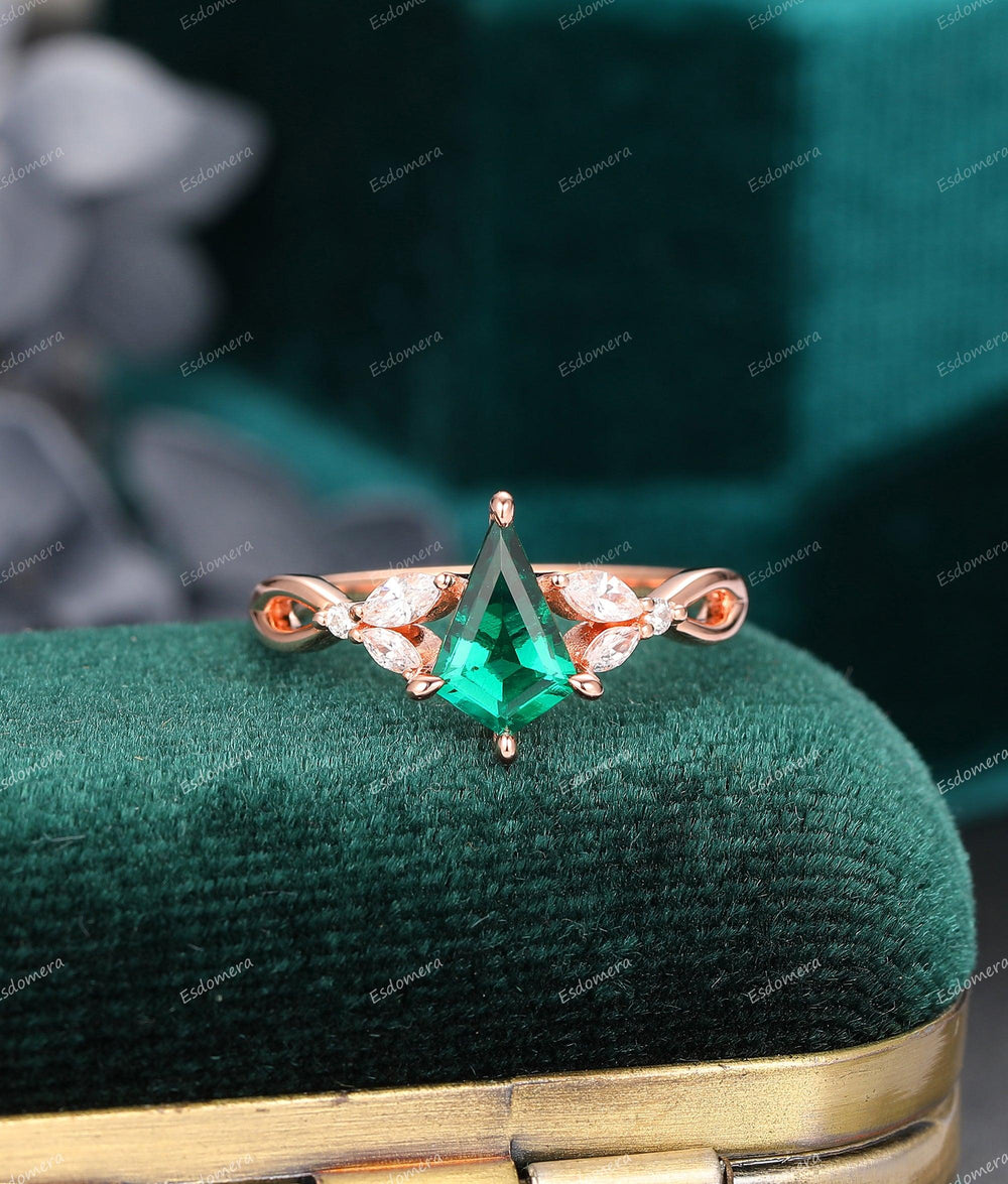 Kite Cut 1.35CT Green Emerald Engagement Ring, Cross Band Bridal Ring, 14K Rose Gold Statement Ring For Her - Esdomera