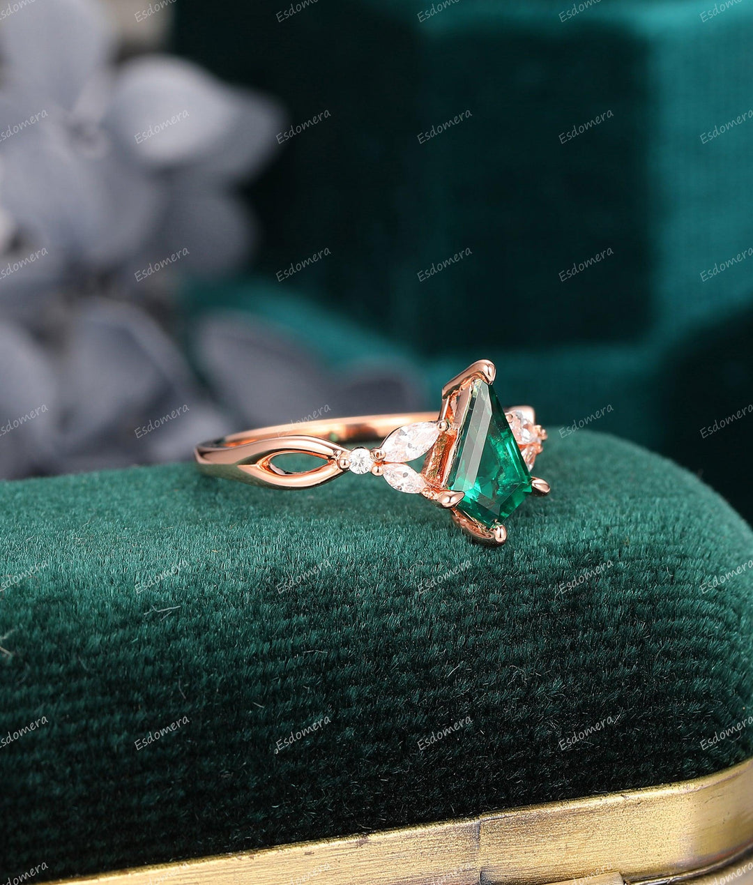 Kite Cut 1.35CT Green Emerald Engagement Ring, Cross Band Bridal Ring, 14K Rose Gold Statement Ring For Her - Esdomera