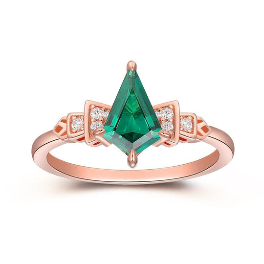 Kite Shaped 1.35CT Emerald Engagement Ring, Delicate Moissanite Bridal Ring, 14K Rose Gold Wedding Ring - Esdomera