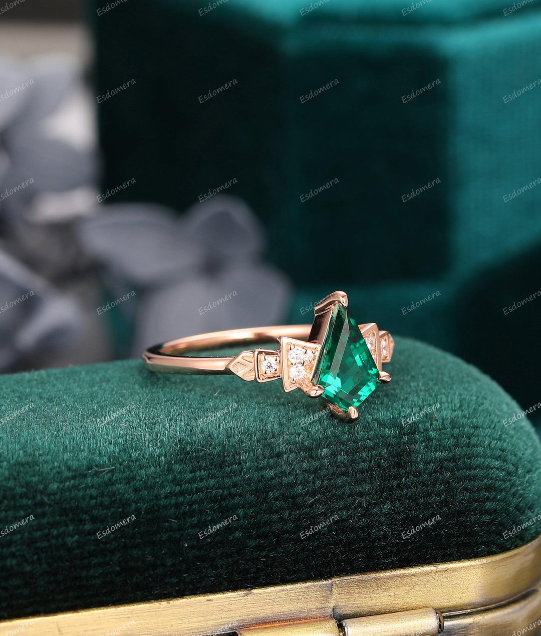 Kite Shaped 1.35CT Emerald Engagement Ring, Delicate Moissanite Bridal Ring, 14K Rose Gold Wedding Ring - Esdomera