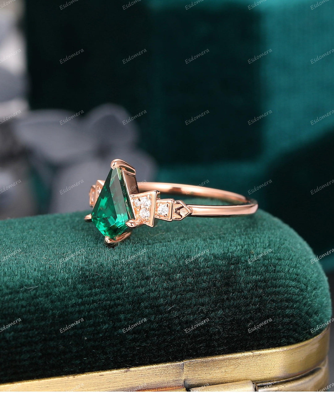 Kite Shaped 1.35CT Emerald Engagement Ring, Delicate Moissanite Bridal Ring, 14K Rose Gold Wedding Ring - Esdomera