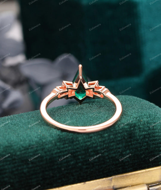 Kite Shaped 1.35CT Emerald Engagement Ring, Delicate Moissanite Bridal Ring, 14K Rose Gold Wedding Ring - Esdomera