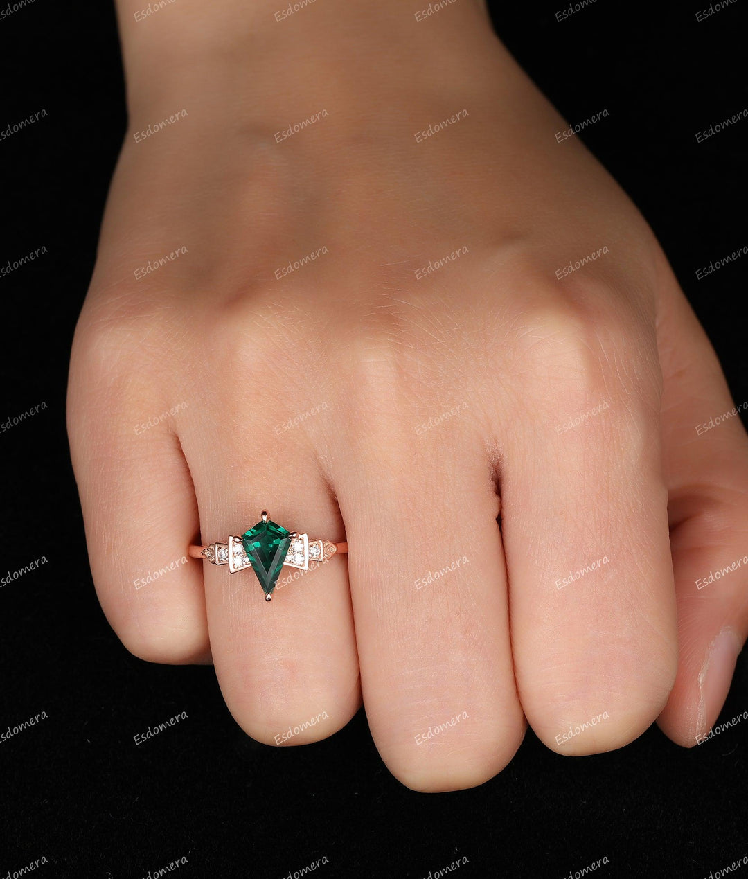 Kite Shaped 1.35CT Emerald Engagement Ring, Delicate Moissanite Bridal Ring, 14K Rose Gold Wedding Ring - Esdomera