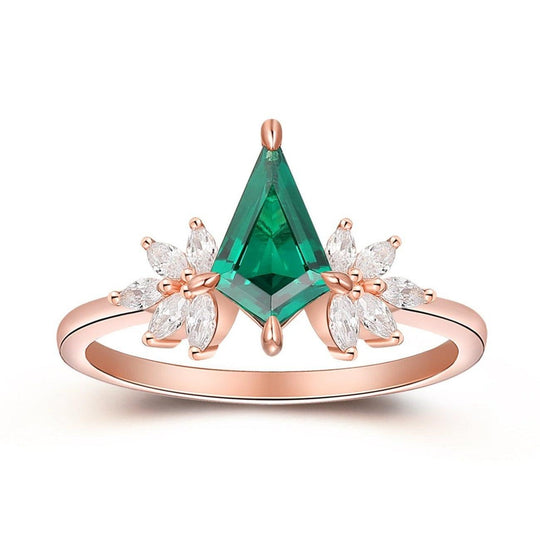 Kite Shaped 1.35CT Emerald Engagement Ring, Marquise Moissanite Art Deco Ring, 14k Rose Gold Wedding Moissanite Ring - Esdomera