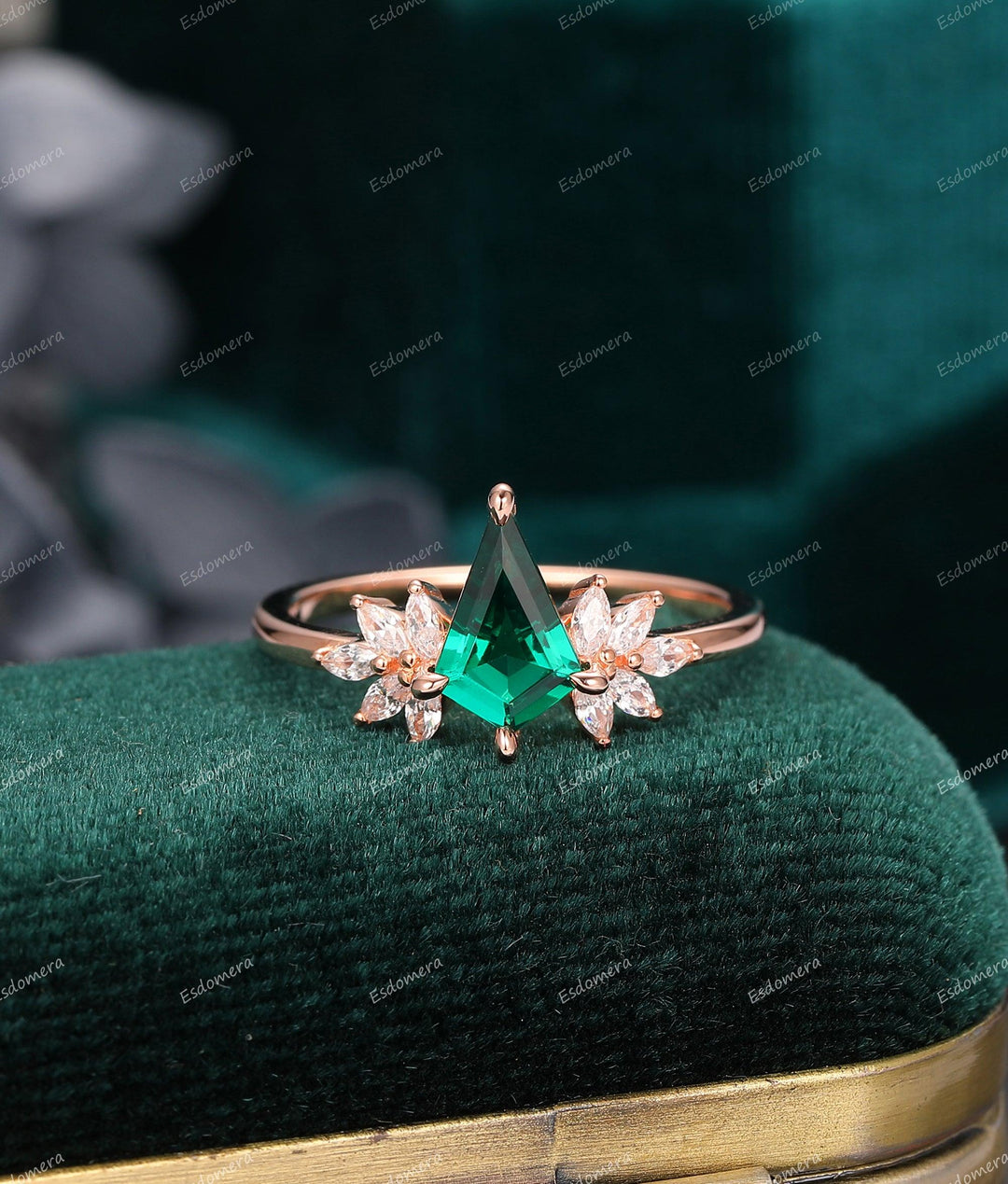 Kite Shaped 1.35CT Emerald Engagement Ring, Marquise Moissanite Art Deco Ring, 14k Rose Gold Wedding Moissanite Ring - Esdomera