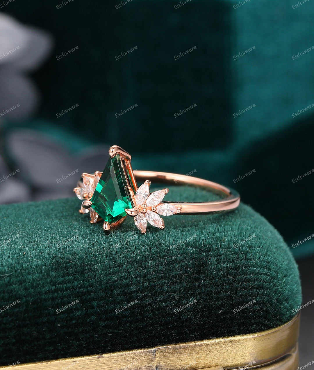 Kite Shaped 1.35CT Emerald Engagement Ring, Marquise Moissanite Art Deco Ring, 14k Rose Gold Wedding Moissanite Ring - Esdomera