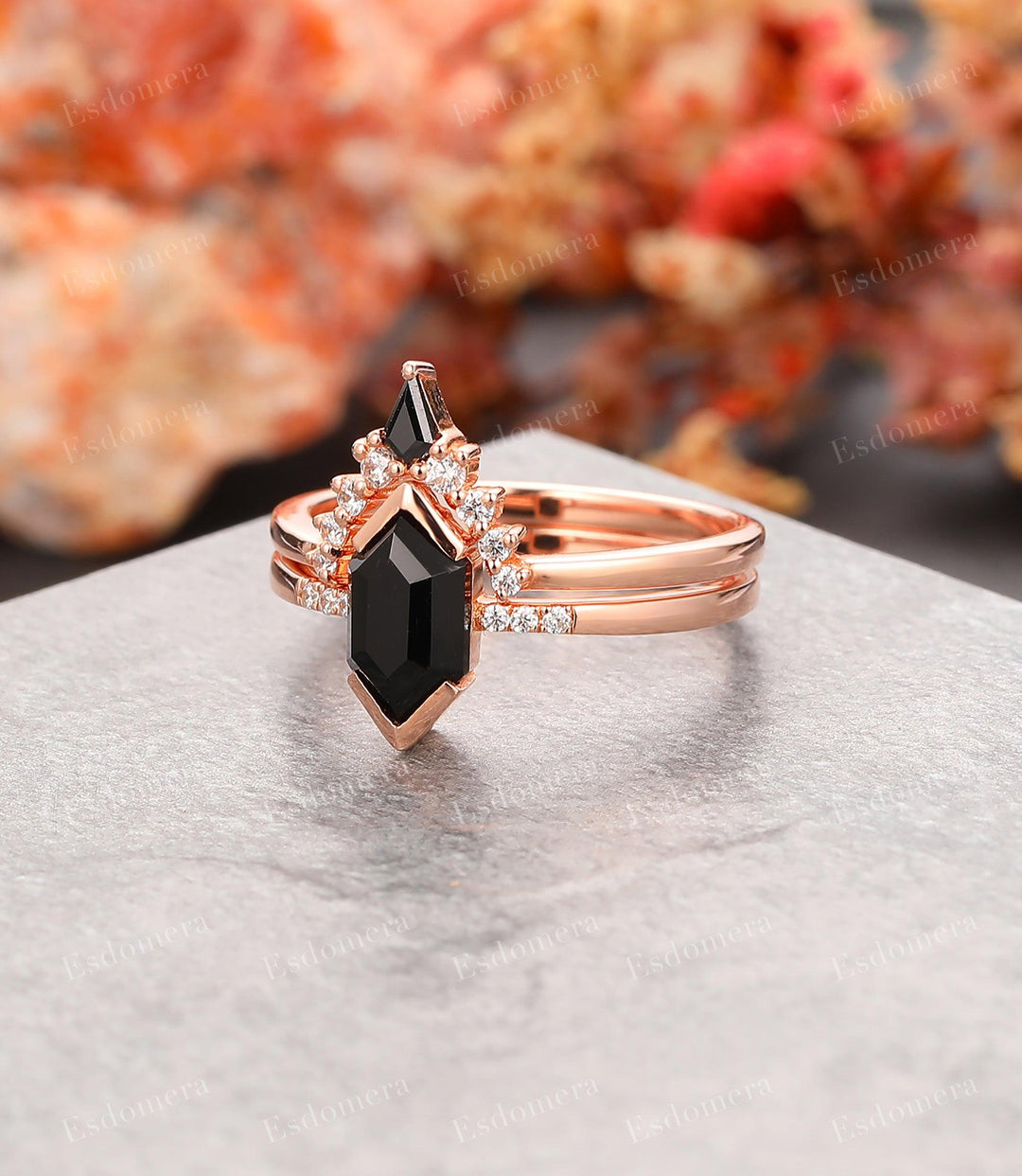 Long Hexagon Cut 5x9mm Black Onyx Engagement Ring Gemstone Bridal Set - Esdomera