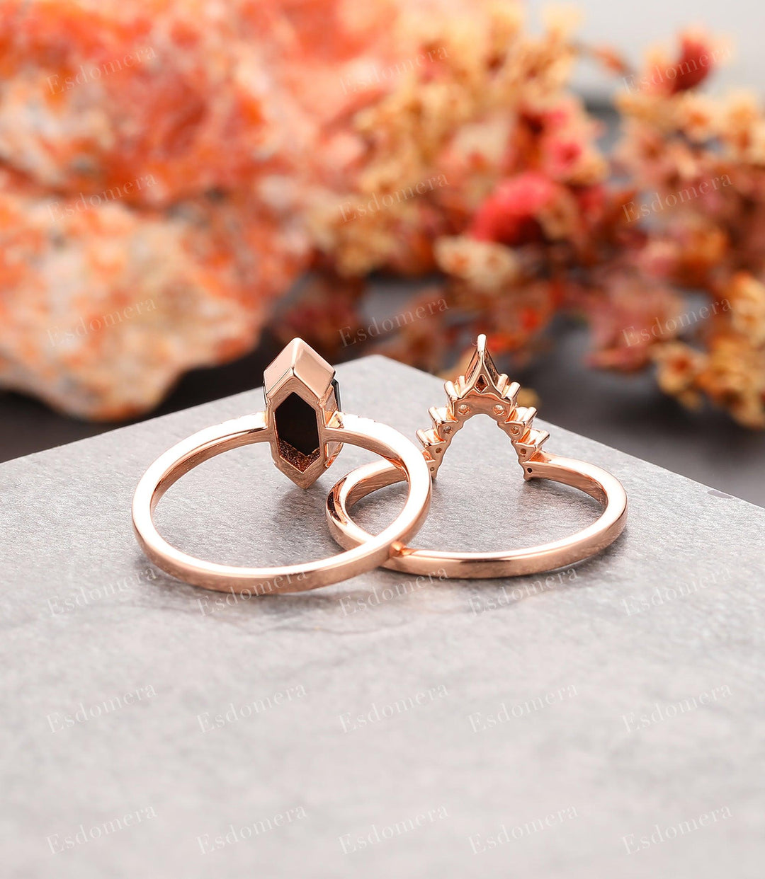 Long Hexagon Cut 5x9mm Black Onyx Engagement Ring Gemstone Bridal Set - Esdomera