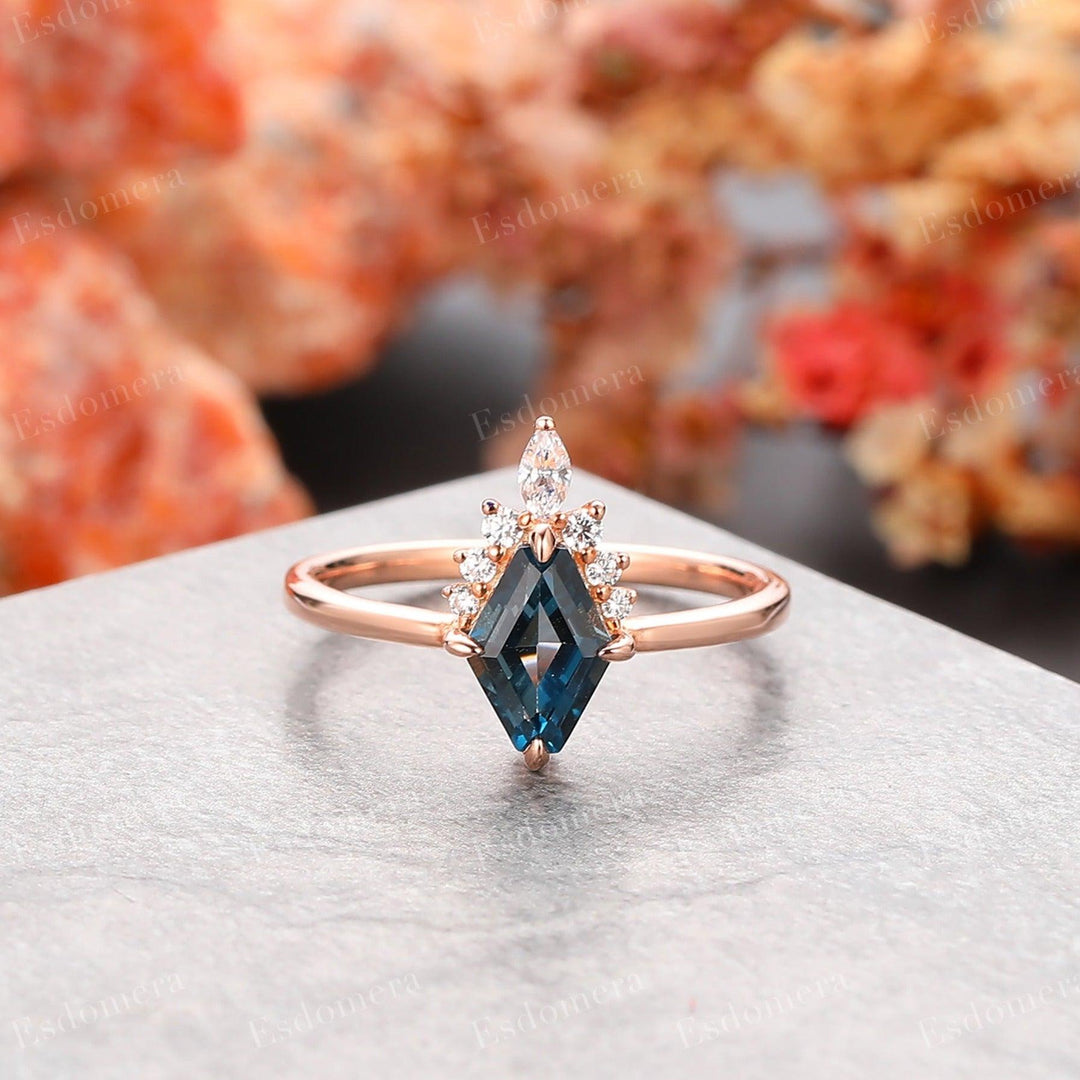 Long Hexagon Cut 6x8mm London Blue Topaz Wedding Ring, Unique Engagement Ring For Her - Esdomera