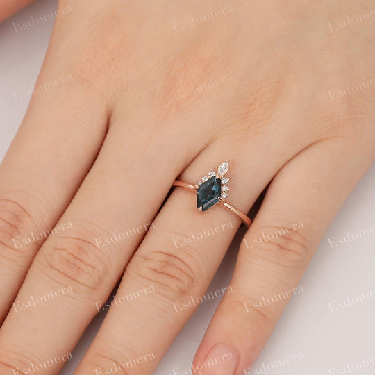 Long Hexagon Cut 6x8mm London Blue Topaz Wedding Ring, Unique Engagement Ring For Her - Esdomera