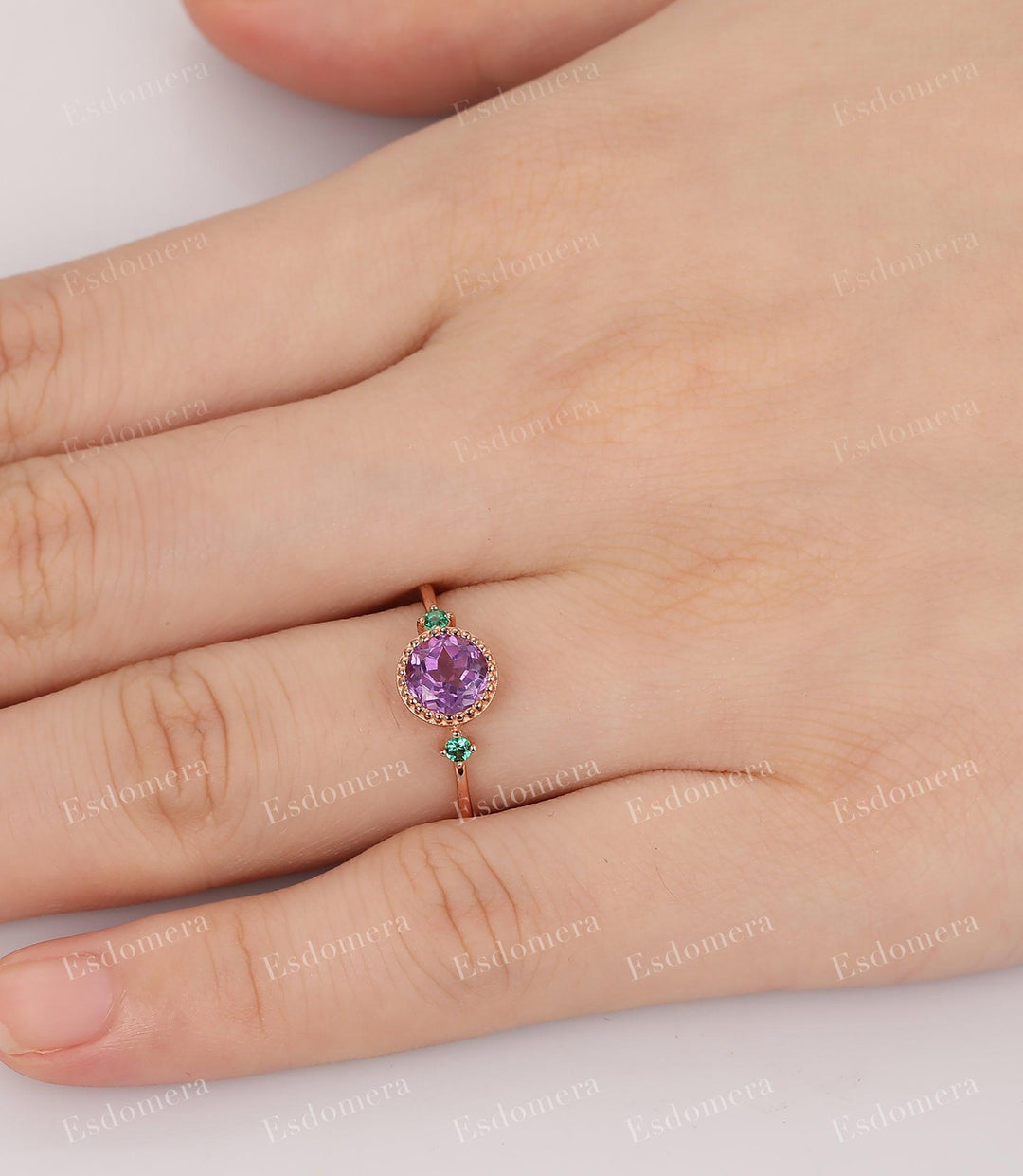 Milgrain Design Wedding Bridal Ring, Round Cut 0.8CT Natural Amethyst Engagement Ring - Esdomera