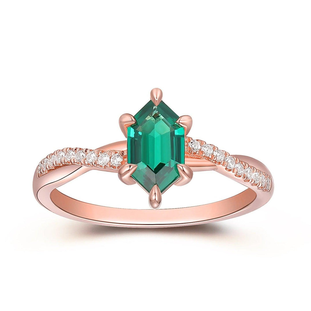 Moissanite Cross Band Rose Gold Ring, 1.1 CT Long Hexagon Cut Emerald Engagement Ring, 6 Prongs Set Ring, Promise Ring For Lover - Esdomera