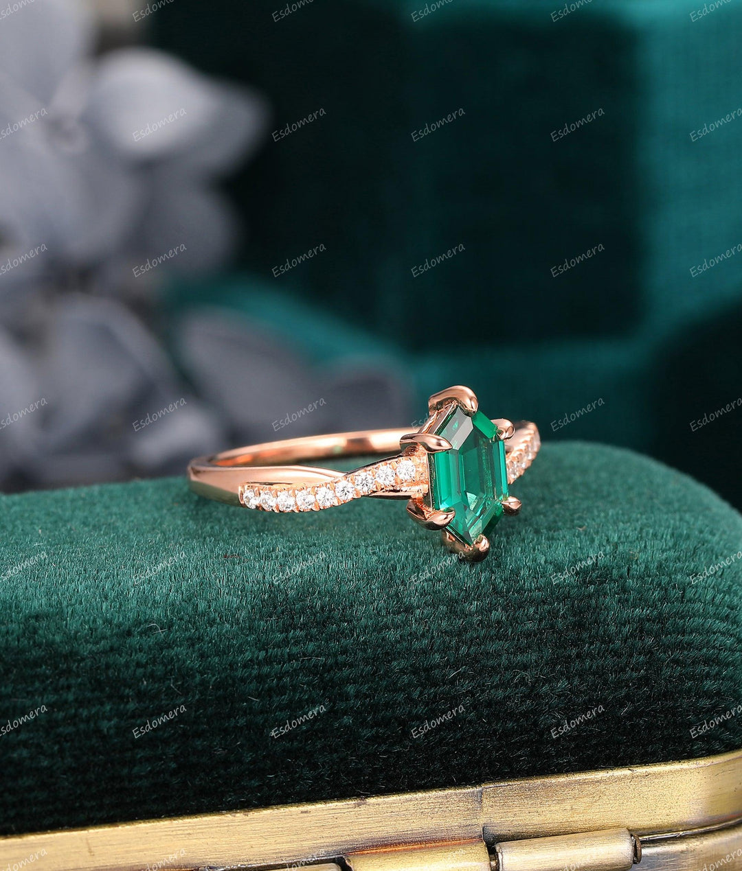 Moissanite Cross Band Rose Gold Ring, 1.1 CT Long Hexagon Cut Emerald Engagement Ring, 6 Prongs Set Ring, Promise Ring For Lover - Esdomera