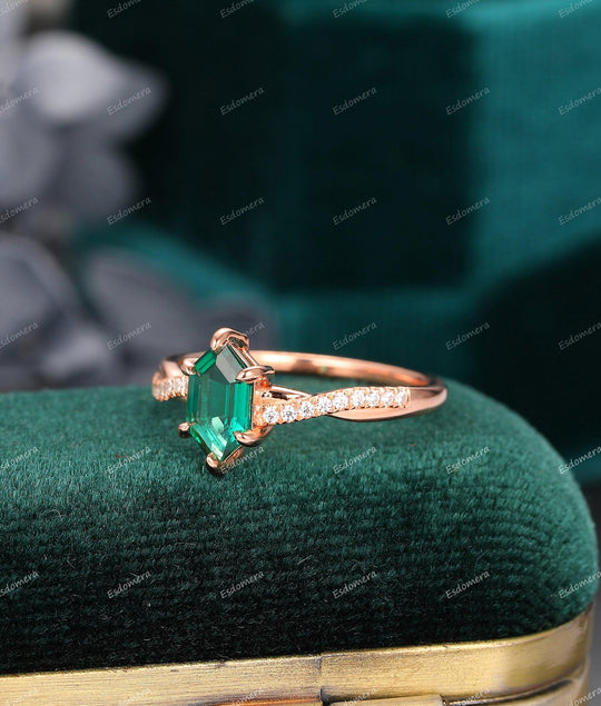 Moissanite Cross Band Rose Gold Ring, 1.1 CT Long Hexagon Cut Emerald Engagement Ring, 6 Prongs Set Ring, Promise Ring For Lover - Esdomera