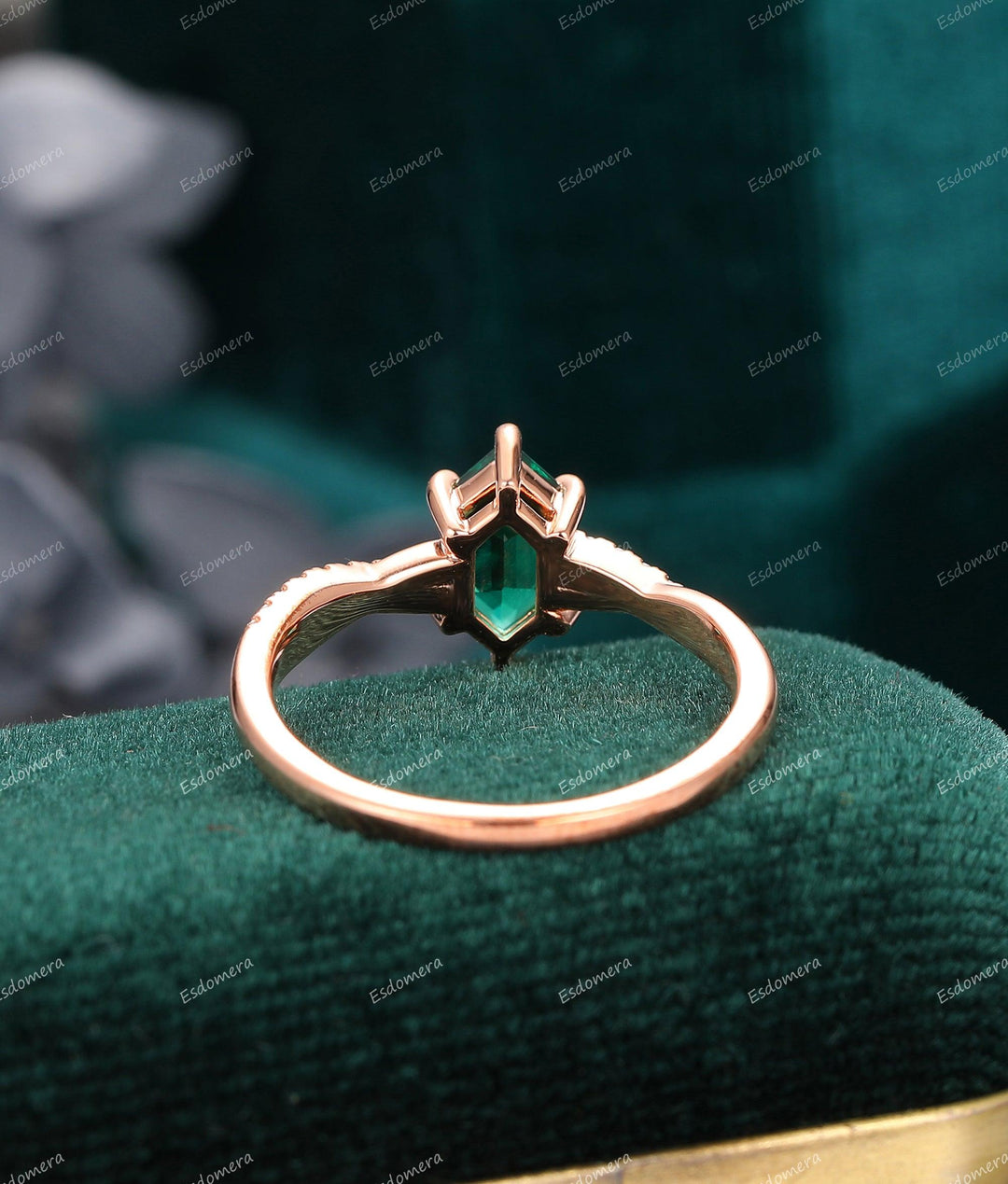 Moissanite Cross Band Rose Gold Ring, 1.1 CT Long Hexagon Cut Emerald Engagement Ring, 6 Prongs Set Ring, Promise Ring For Lover - Esdomera