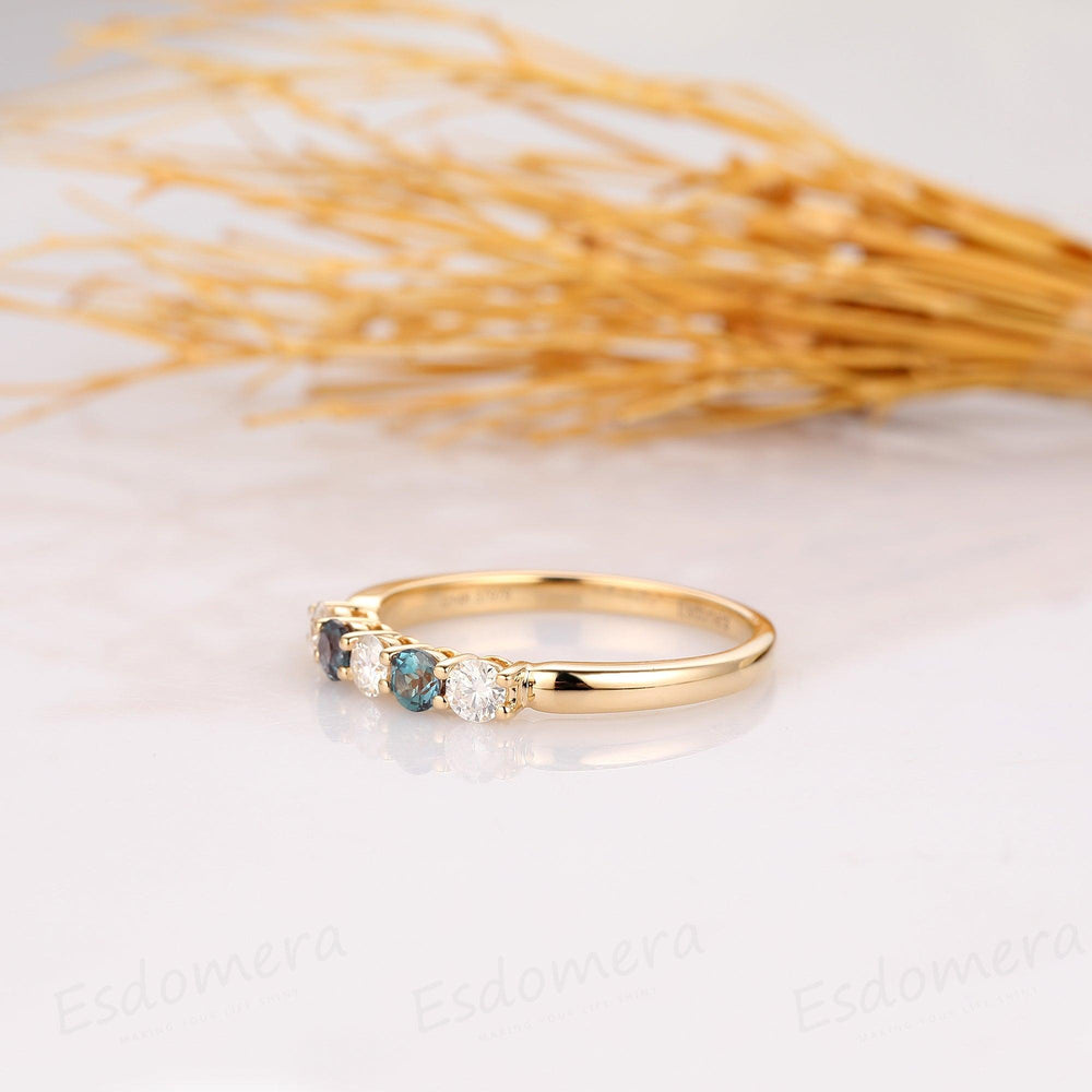 Moissanite Wedding Band, 5 Stone Wedding Ring, Elegant Ring, 14k Yellow Gold Engagement Ring, Alexandrite Wedding Band - Esdomera