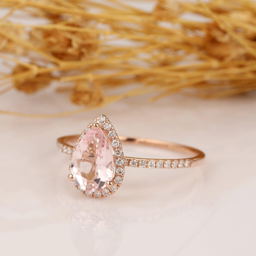 Morganite Engagement Ring 6x9mm Pear Shaped Halo Diamond Wedding Ring - Esdomera