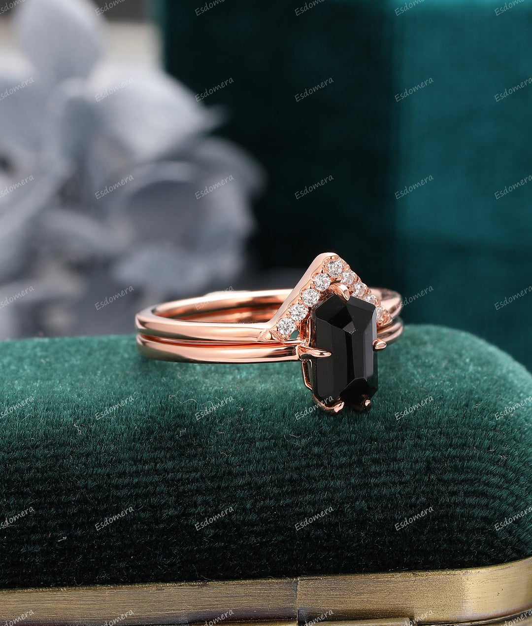 Natural Black Agate Engagement Ring Set Moissanite Curved Marching Band - Esdomera