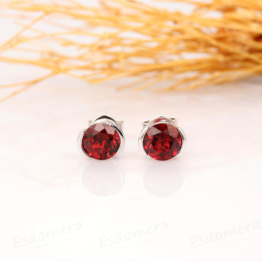 Natural Red Garnet Earrings, 1.60CTW Round Cut Garnet Earrings, 14k Solid White Gold - Esdomera