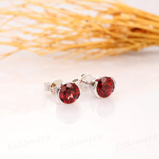 Natural Red Garnet Earrings, 1.60CTW Round Cut Garnet Earrings, 14k Solid White Gold - Esdomera