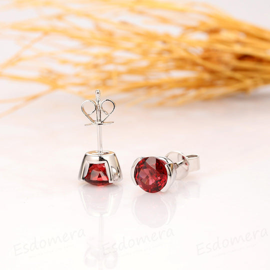 Natural Red Garnet Earrings, 1.60CTW Round Cut Garnet Earrings, 14k Solid White Gold - Esdomera