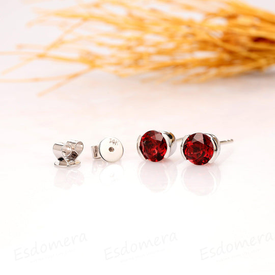 Natural Red Garnet Earrings, 1.60CTW Round Cut Garnet Earrings, 14k Solid White Gold - Esdomera