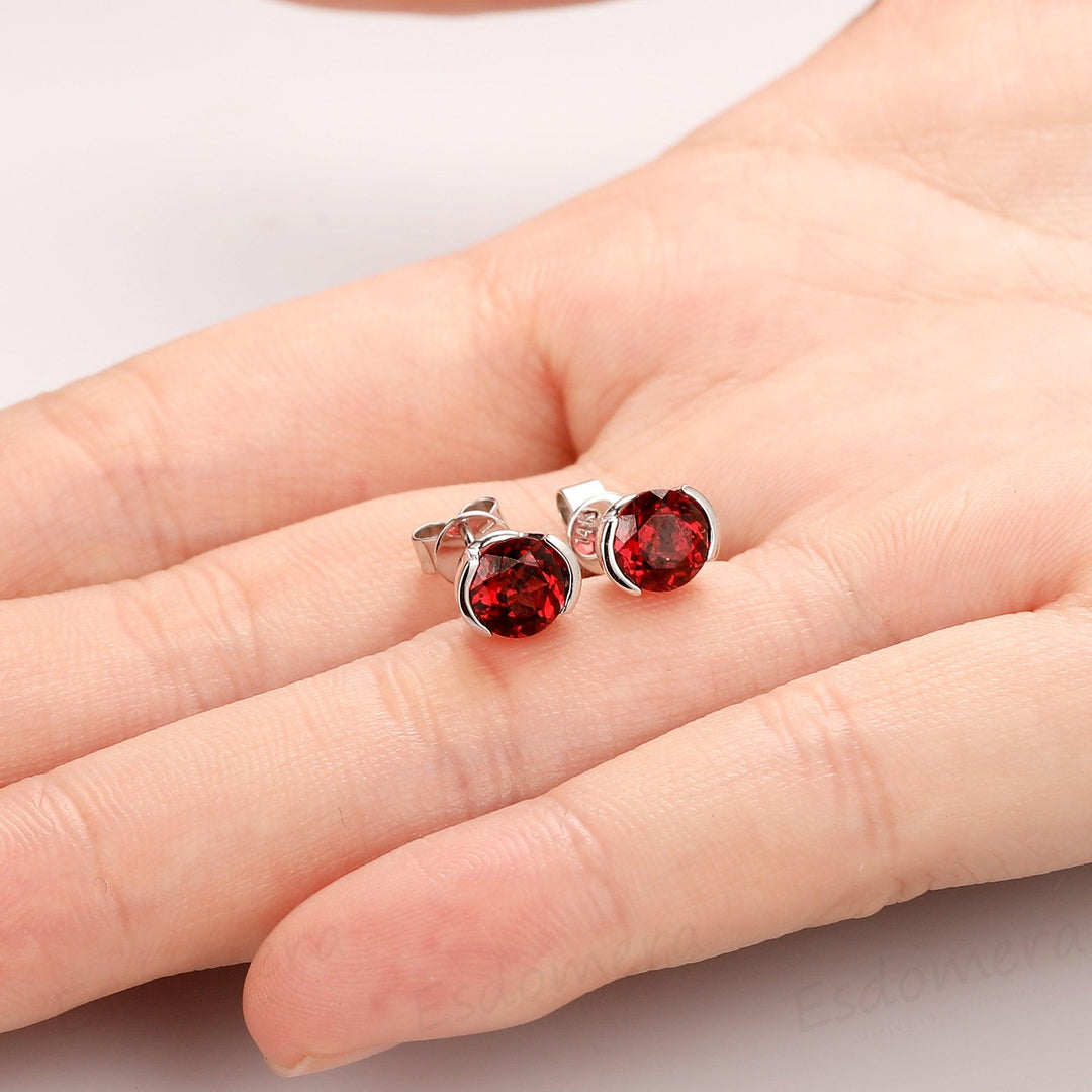 Natural Red Garnet Earrings, 1.60CTW Round Cut Garnet Earrings, 14k Solid White Gold - Esdomera