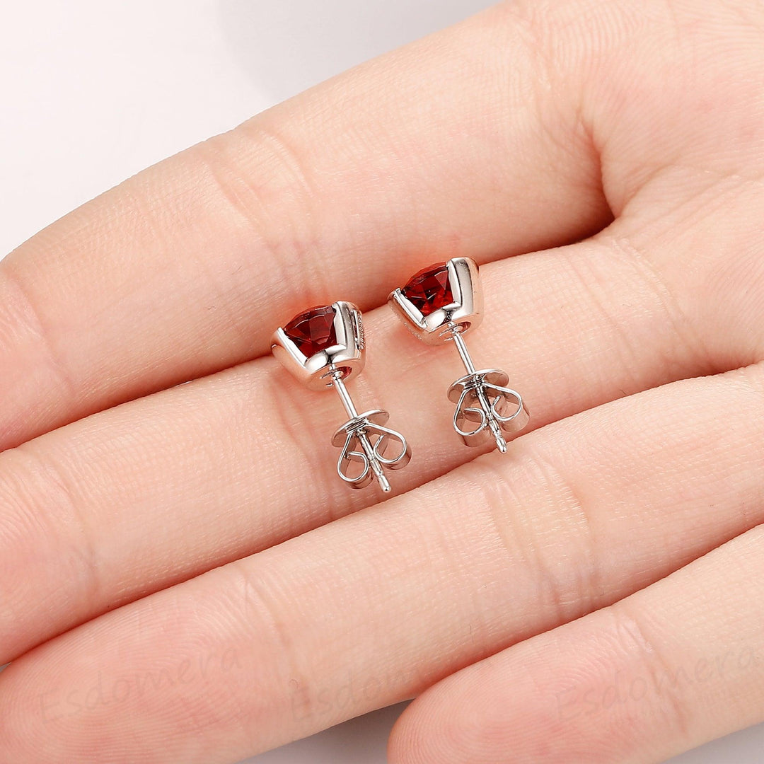 Natural Red Garnet Earrings, 1.60CTW Round Cut Garnet Earrings, 14k Solid White Gold - Esdomera