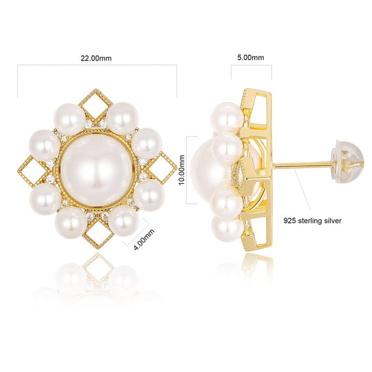 Natural Shell Pearl 10mm Studs Earrings, Sterling Silver Earrings, Beach Jewelry, Simulated Diamond Earrings For Women - Esdomera