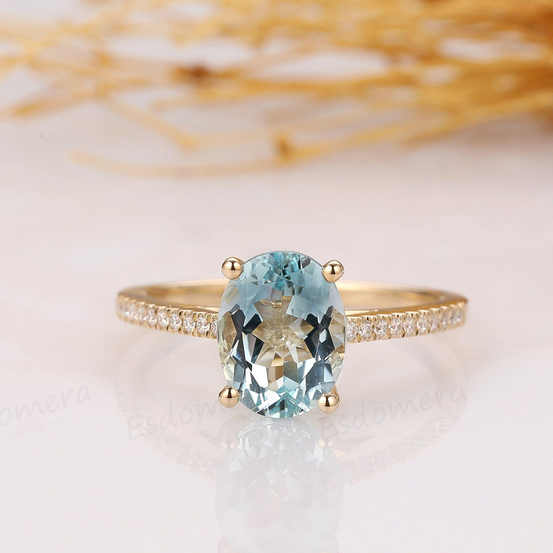 Oval Cut 2.1CT Natural Aquamarine Ring, Pave Set Moissanite, 14k Yellow Gold Ring - Esdomera