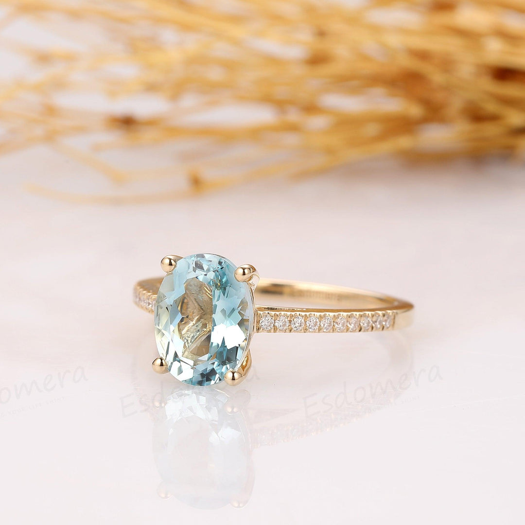 Oval Cut 2.1CT Natural Aquamarine Ring, Pave Set Moissanite, 14k Yellow Gold Ring - Esdomera