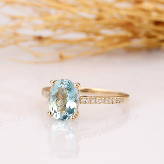 Oval Cut 2.1CT Natural Aquamarine Ring, Pave Set Moissanite, 14k Yellow Gold Ring - Esdomera