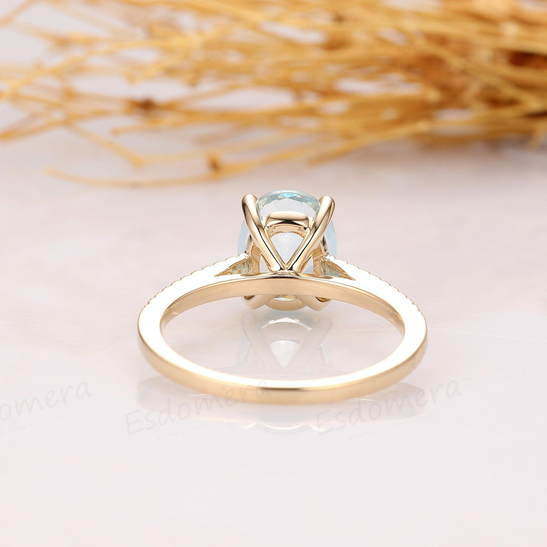 Oval Cut 2.1CT Natural Aquamarine Ring, Pave Set Moissanite, 14k Yellow Gold Ring - Esdomera