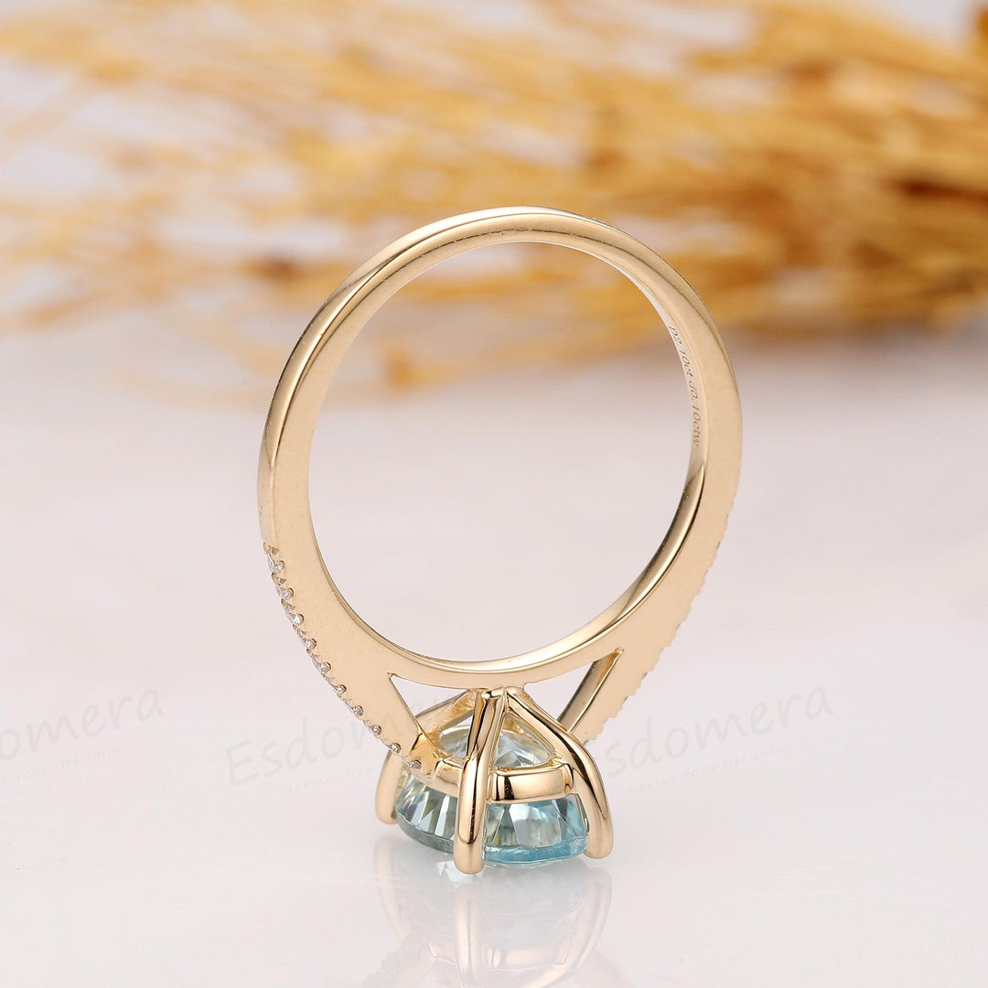 Oval Cut 2.1CT Natural Aquamarine Ring, Pave Set Moissanite, 14k Yellow Gold Ring - Esdomera