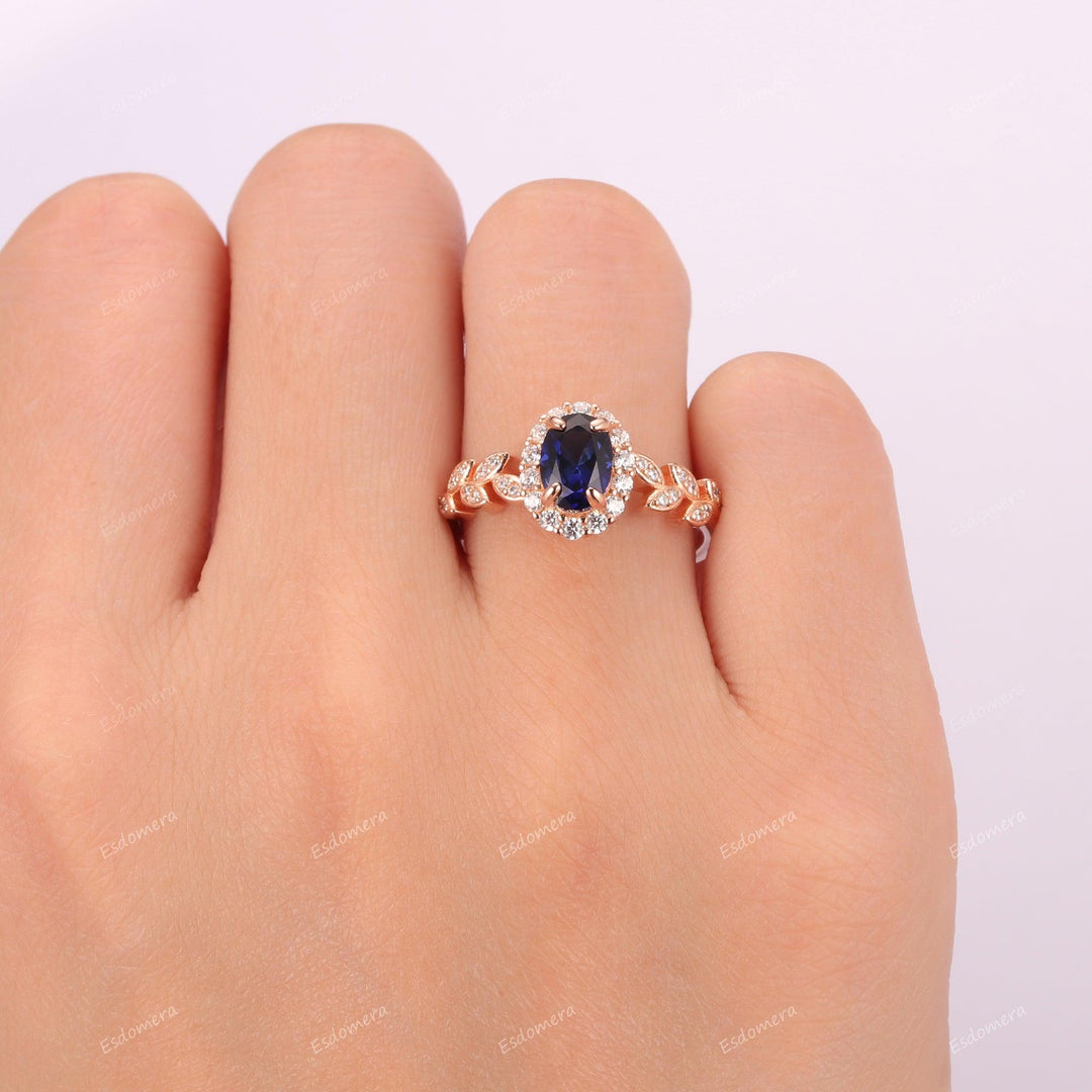Oval Cut 5x7mm Blue Sapphire Wedding Ring, 14K Rose Gold Art Deco Leaf Vine Engagement Ring - Esdomera