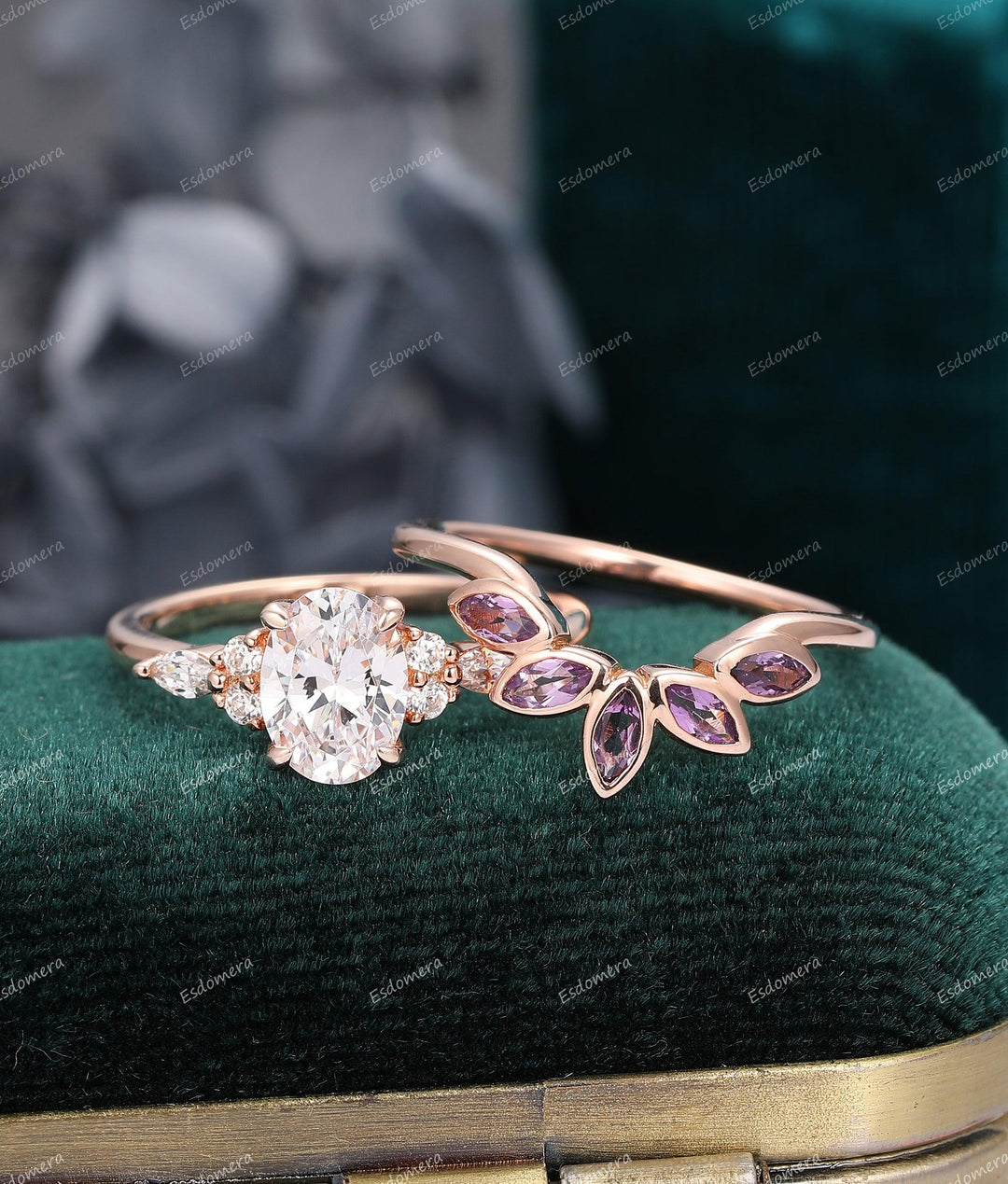 Oval Cut Moissanite Engagement Ring Set Art Deco Natural Amethyst Wedding Band - Esdomera