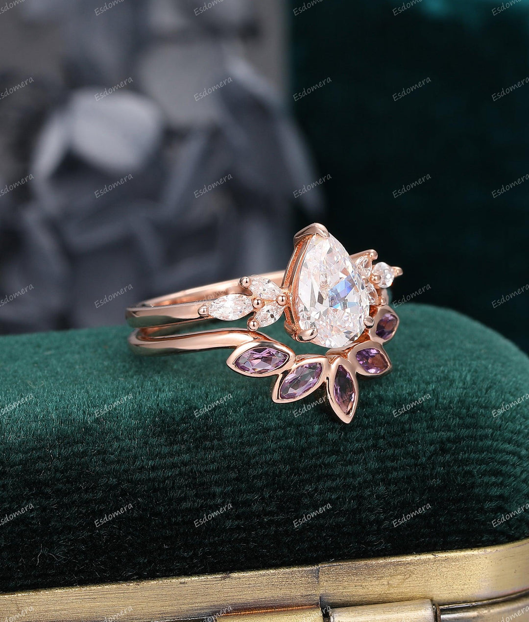Pear Cut 1.50CT Moissanite Engagement Ring Set Natural Amethyst Wedding Band - Esdomera