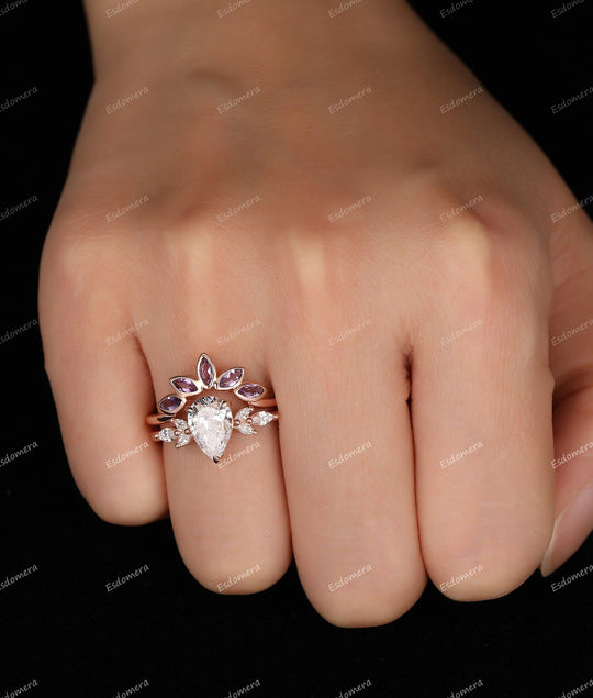 Pear Cut 1.50CT Moissanite Engagement Ring Set Natural Amethyst Wedding Band - Esdomera