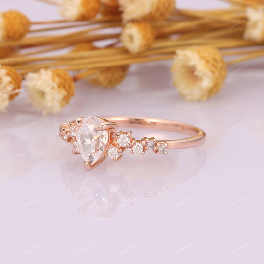 Pear Cut Art Deco Moissanite Cluster Ring, 14k Rose Gold Anniversary Ring For Her - Esdomera