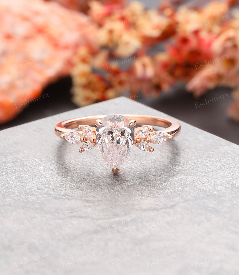 Pear Cut Moissanite Bridal Ring Antique Promise Ring For Her 14 Rose Gold Cluster Anniversary Ring - Esdomera