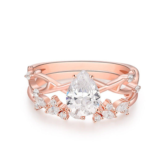 Pear Shaped Moissanite Engagement Ring Moissanite Cluster Band Art Deco Bridal Ring Set For Women - Esdomera
