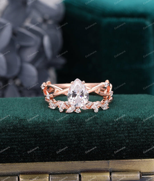 Pear Shaped Moissanite Engagement Ring Moissanite Cluster Band Art Deco Bridal Ring Set For Women - Esdomera