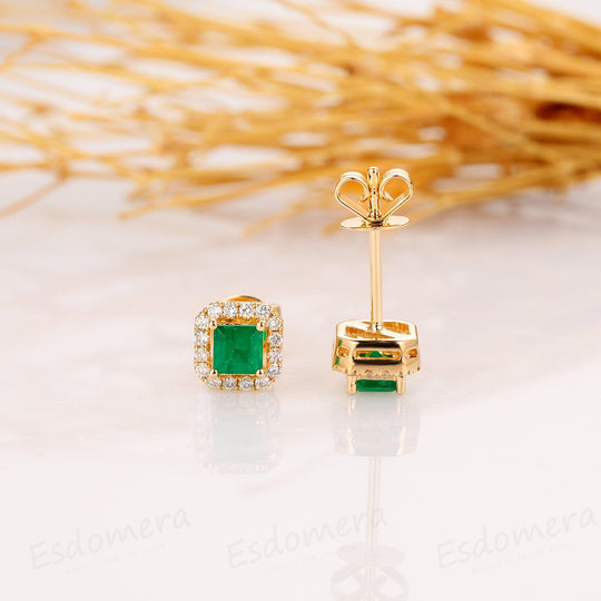 Princess Cut 0.8CTW Natural Emerald Earring, 14k Yellow Gold - Esdomera