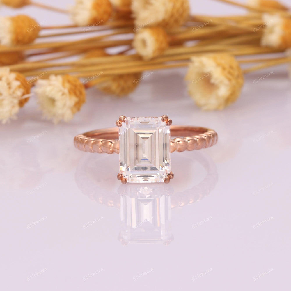 Prong Set 7x9mm Emerald Cut Moissanite Solitaire Promise Ring, 14k Rose Gold Engagement Ring For Her, Art Deco 3CT Moissanite Anniversary Ring - Esdomera