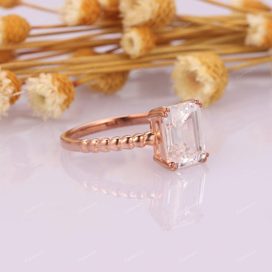 Prong Set 7x9mm Emerald Cut Moissanite Solitaire Promise Ring, 14k Rose Gold Engagement Ring For Her, Art Deco 3CT Moissanite Anniversary Ring - Esdomera