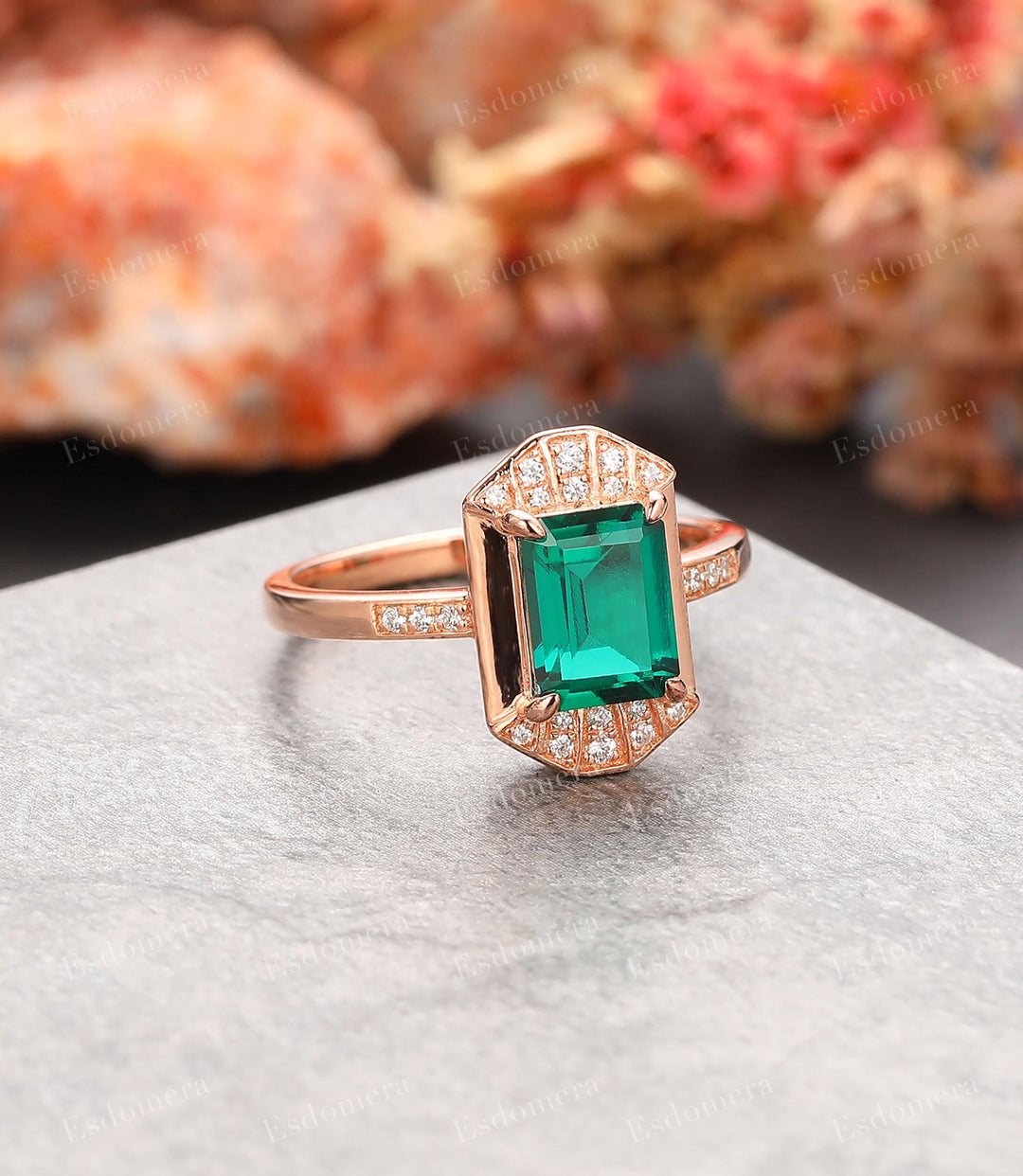 Prong Set Emerald Bridal Wedding Ring, Emerald Cut 6x8mm Emerald Anniversary Ring - Esdomera