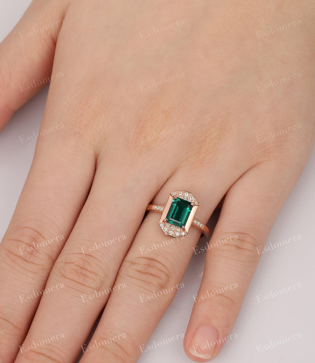 Prong Set Emerald Bridal Wedding Ring, Emerald Cut 6x8mm Emerald Anniversary Ring - Esdomera